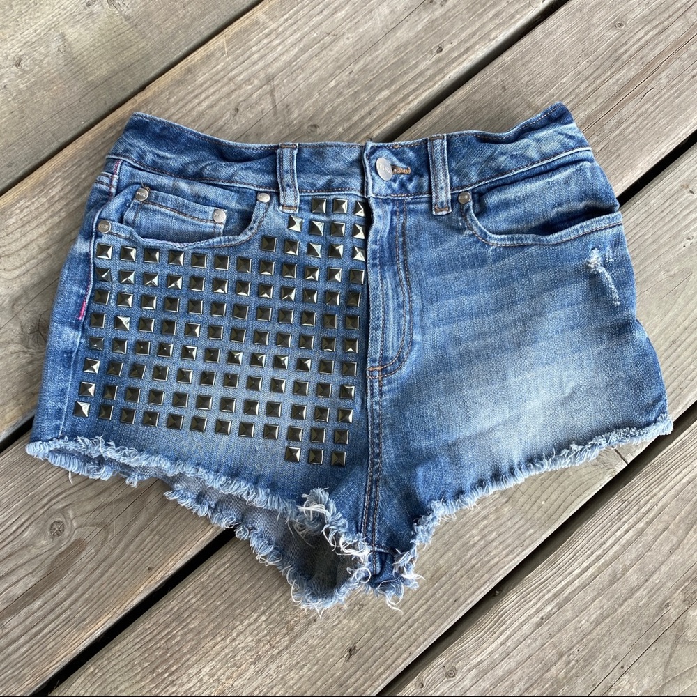 PINK Victoria's Secret Light Blue Distressed Denim Shorts with Stud Grid